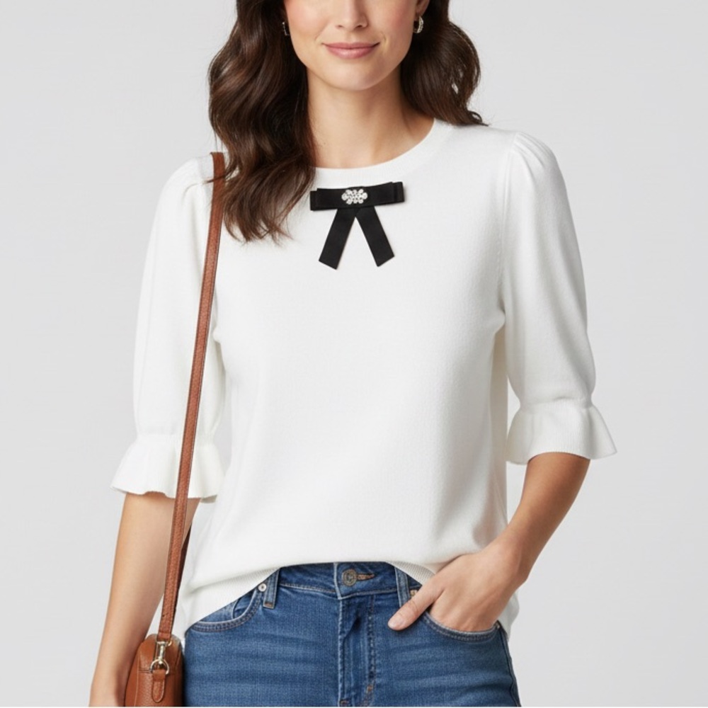 CeCe Crystal Bow Front Ruffle Cuff Sweater Top White Black Coquette Casual M - Picture 15 of 15